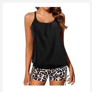 Yonique Womens Black Blouson Tankini Swimsuits Two Piece Strappy Bathing Suit